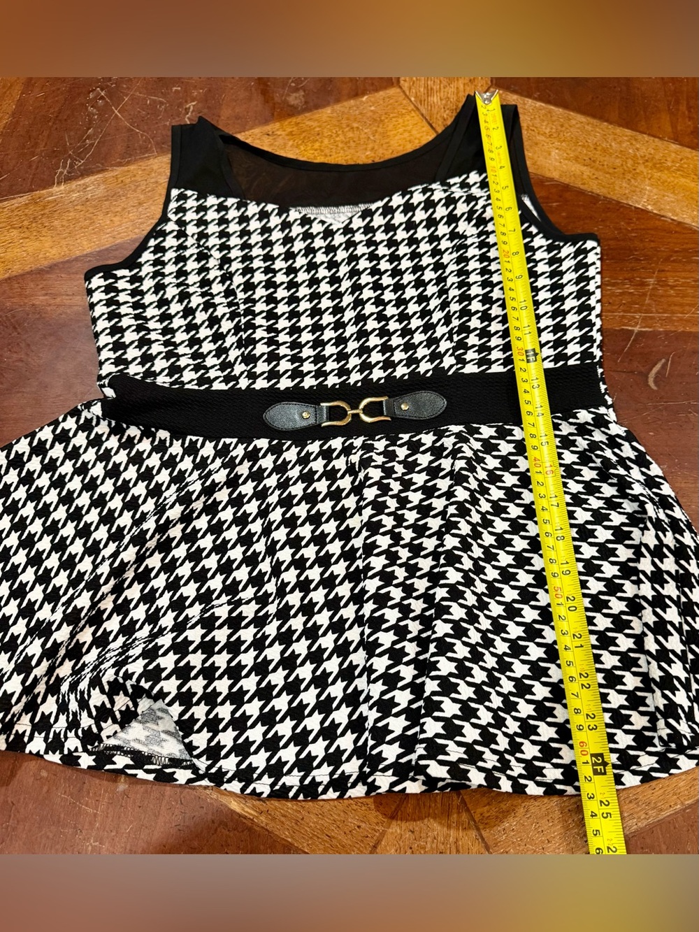 Houndstooth Peplum Top Mesh Detail Gold Buckle Belted Waist M/L - Picture 10 of 11